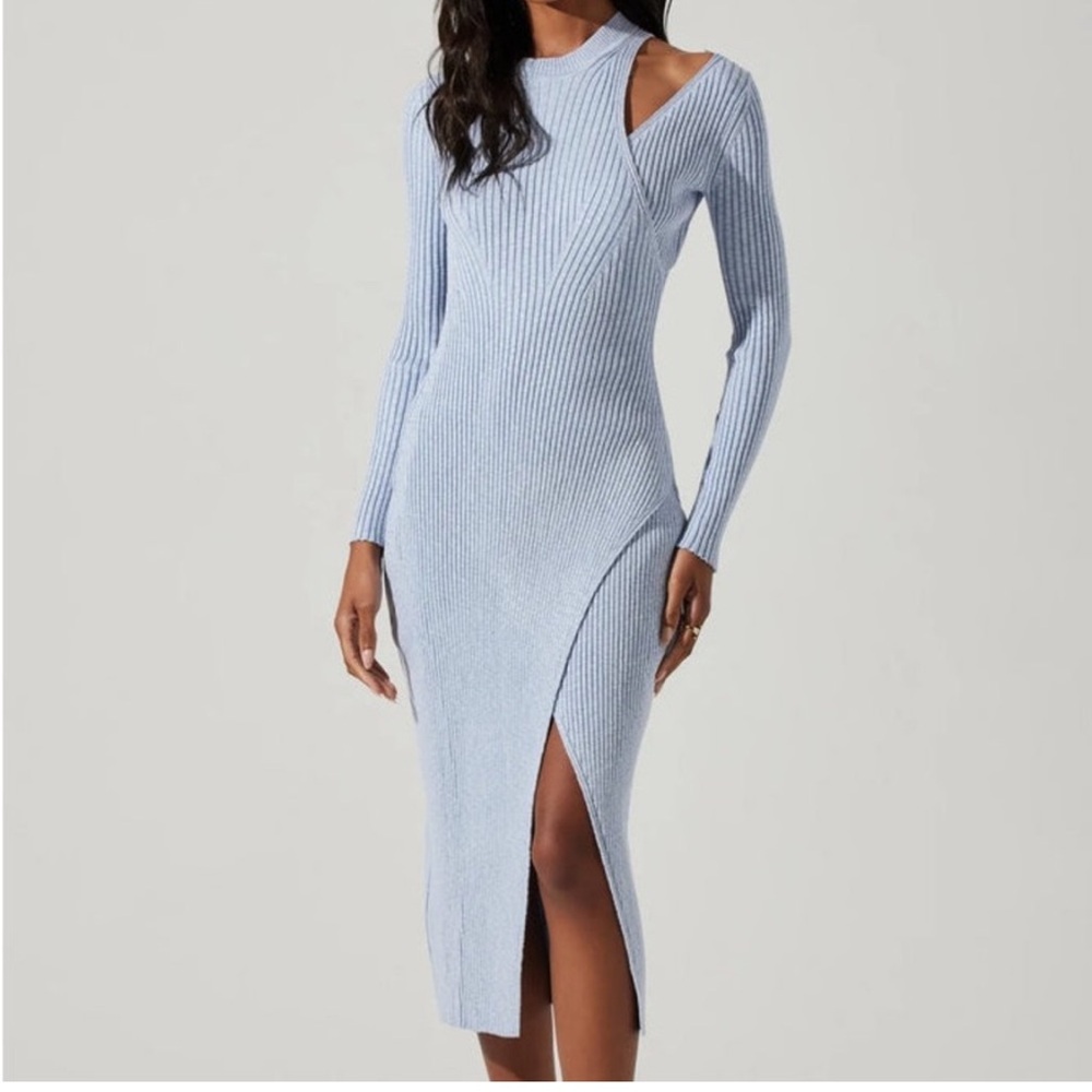 Astr The Label Blue Ribbed Sheath Dress with Slit